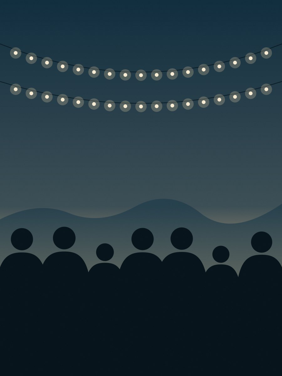 Youth group gathered under string lights